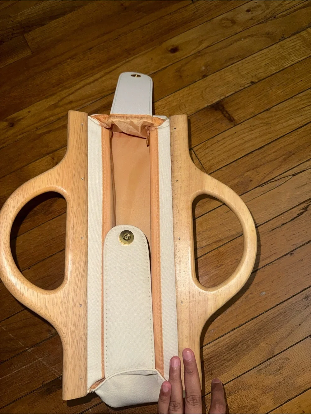 Cream Clutch with Sculpted Wood Handle